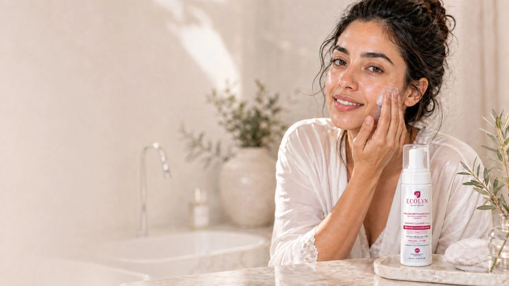 Moment de soin Ecolyn dans une salle de bain lumineuse